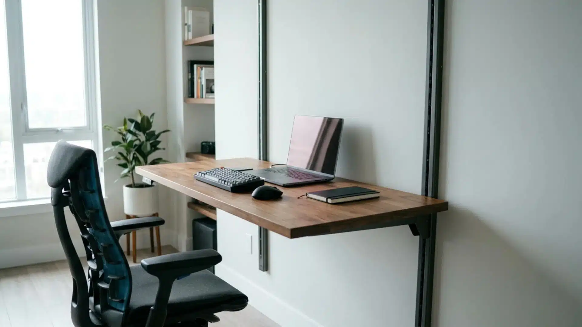 a home office setup featuring a desk with a laptop and a chair in a cozy environment