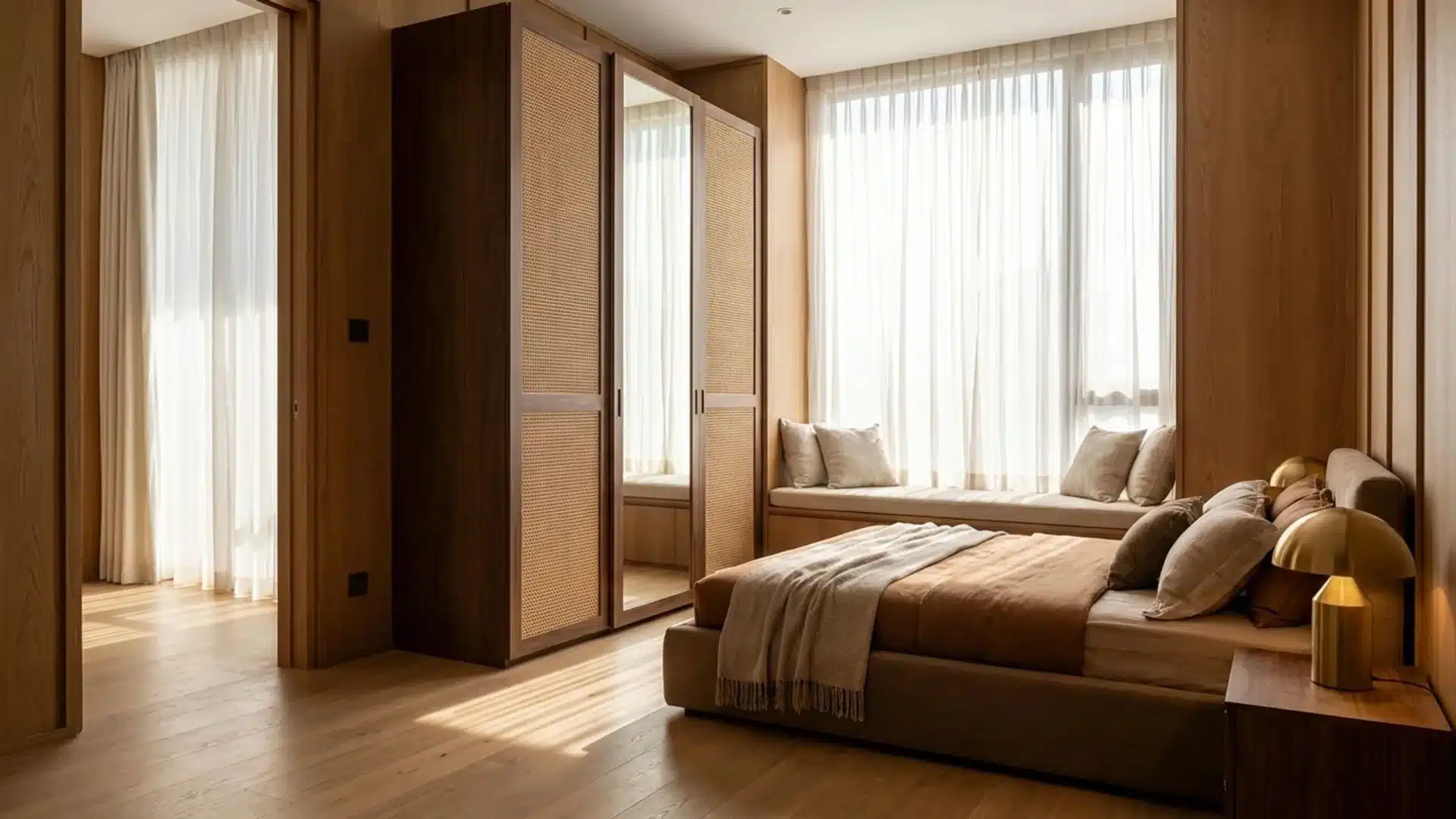 bedroom with mirrored wardrobe, window bench seating, sheer curtains, warm wood finishes, and abundant daylight inside