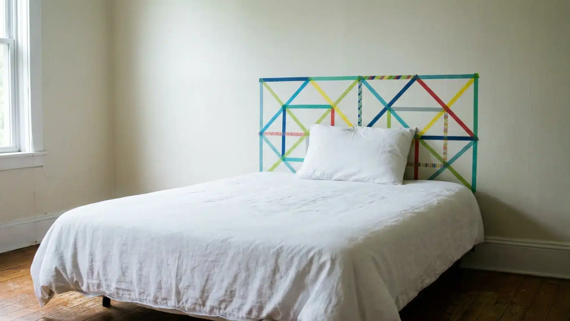 washi tape design headboard on a wall behind a bed