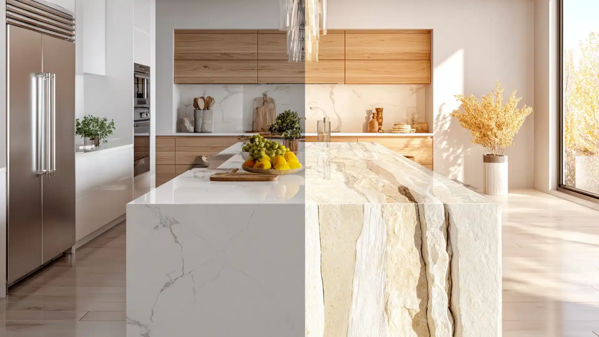 before and after kitchen island showing a flat marble top replaced with a textured waterfall edge