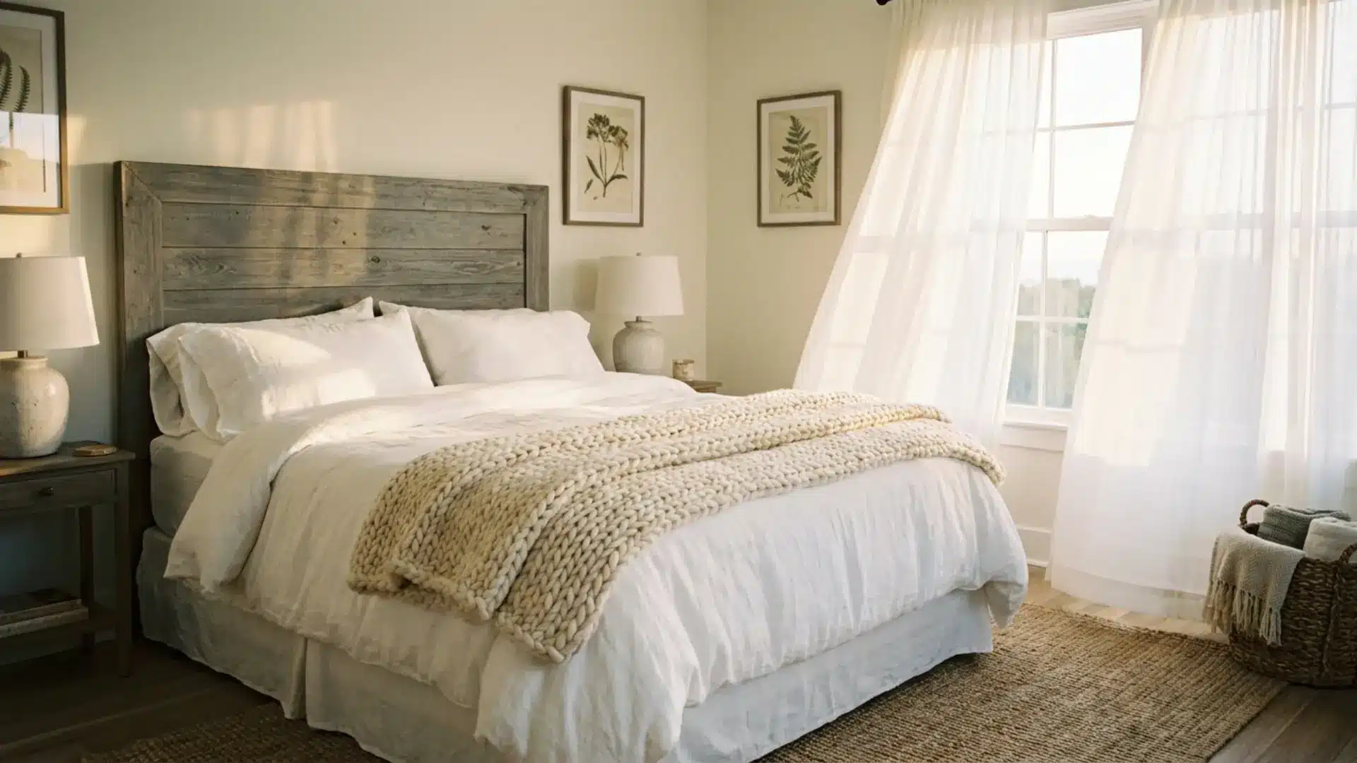 weathered gray plank headboard behind a farmhouse bedroom bed