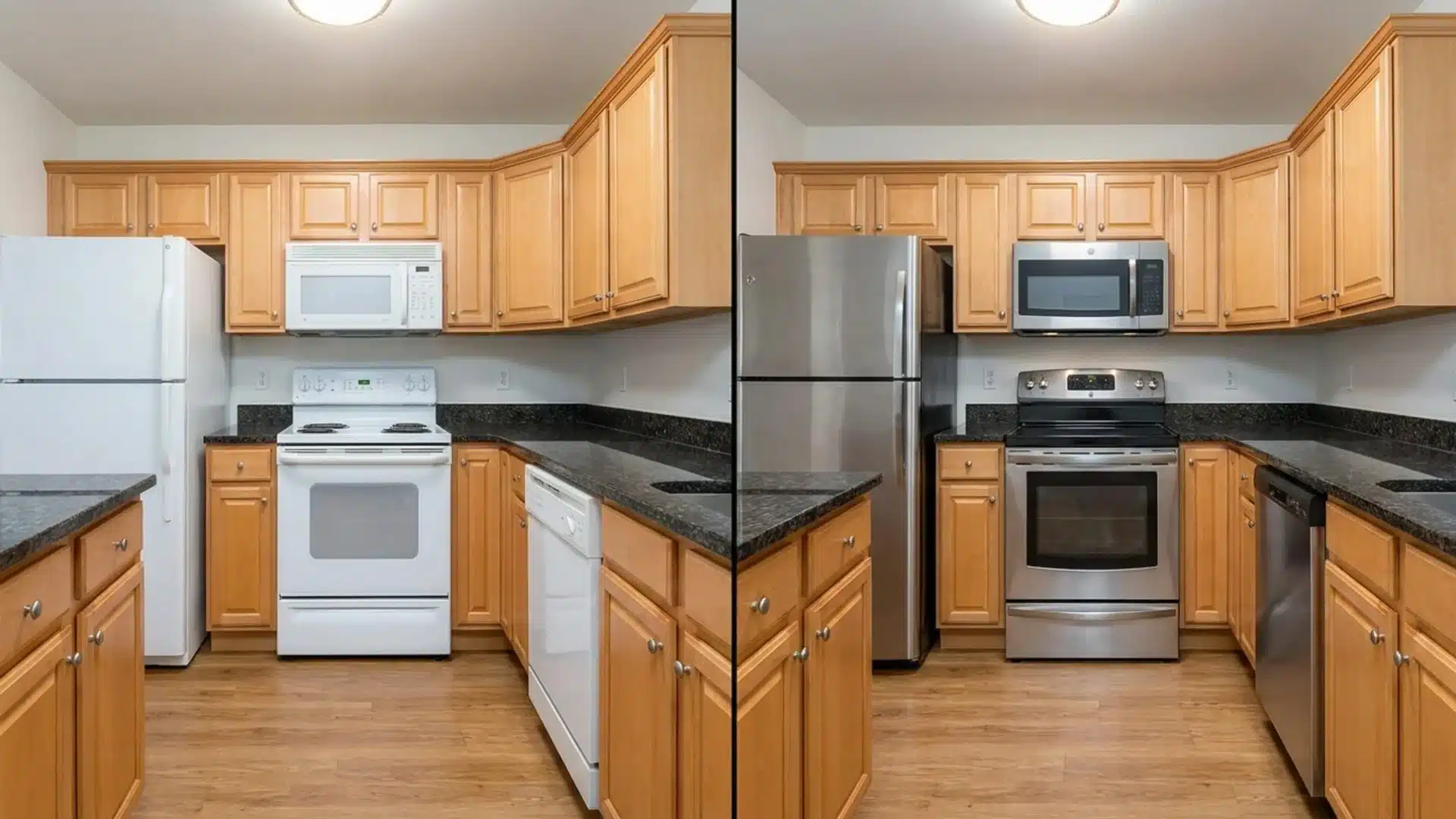 before and after kitchen photo showing white refrigerator, stove, and dishwasher replaced with matching stainless steel appliances