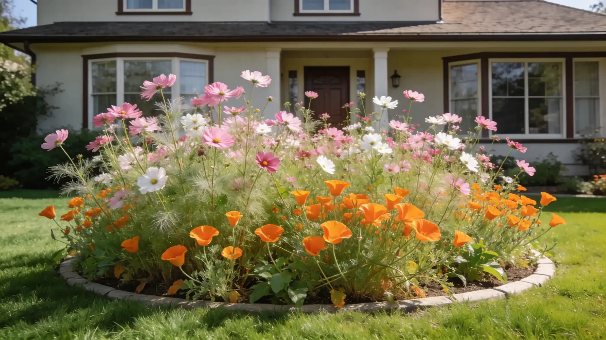 wildflower meadow bed with pink cosmos and orange california poppies in a large natural front yard