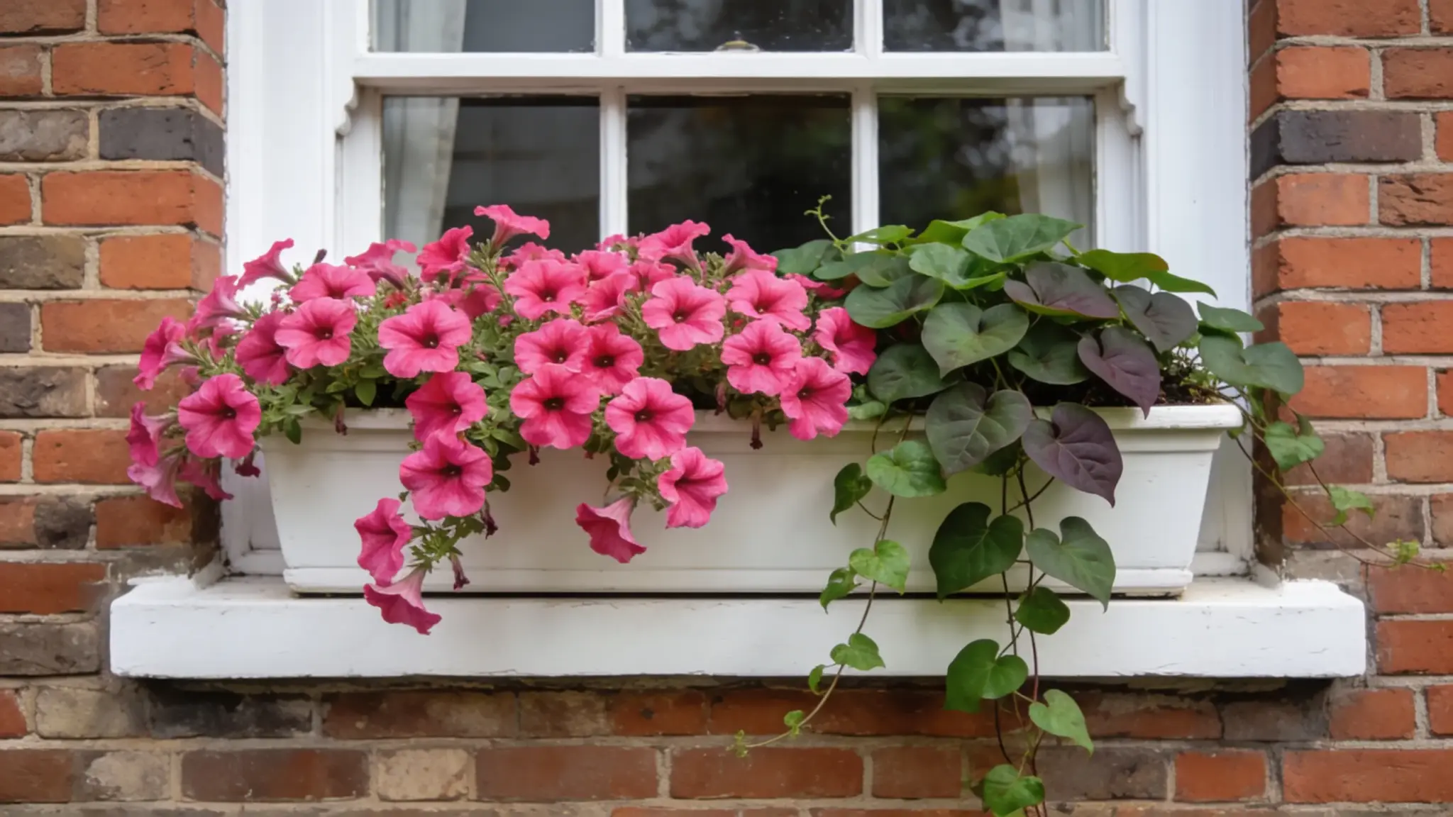 neatly planted window box with pink trailing petunias and sweet potato vine on a brick home
