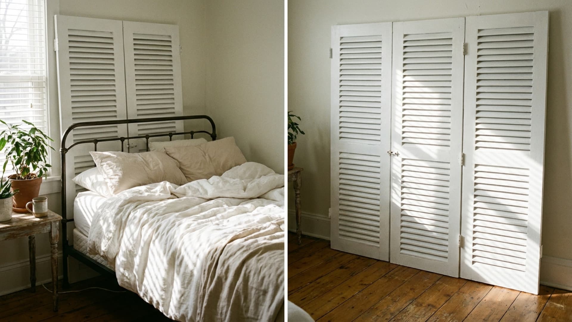window shutter headboard with louvered panels behind a bed
