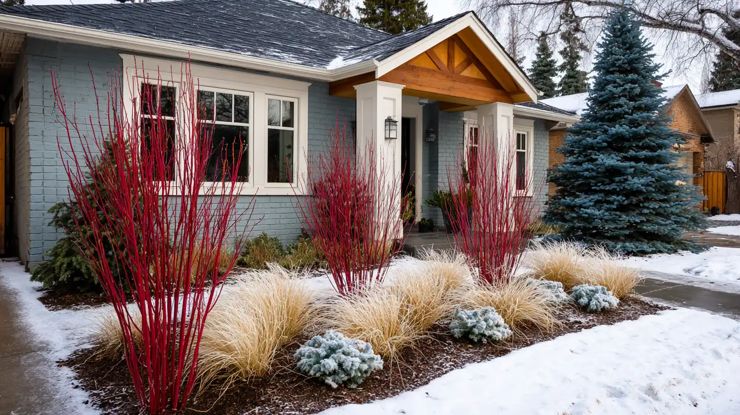 winter interest bed with red twig dogwood dried grass and dwarf spruce with frost