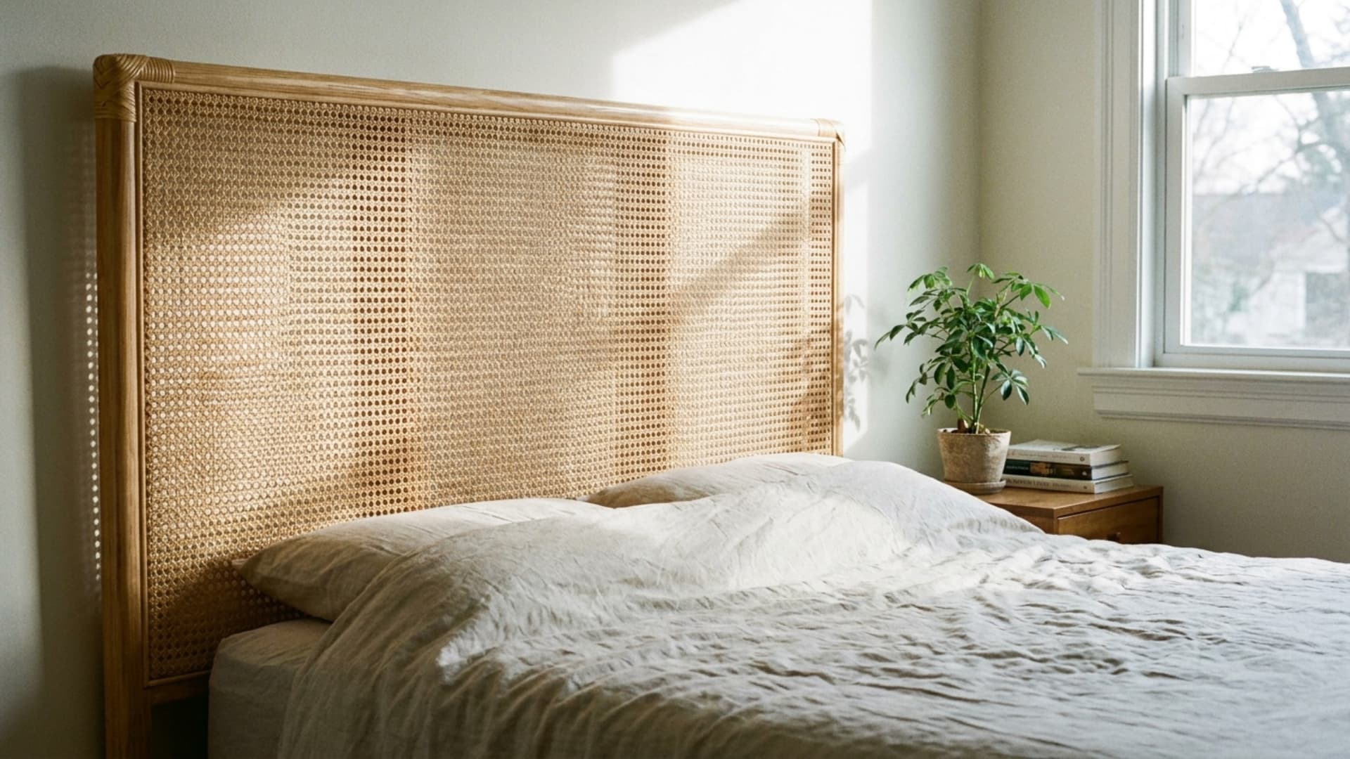 woven rattan headboard with cane webbing behind a bedroom bed