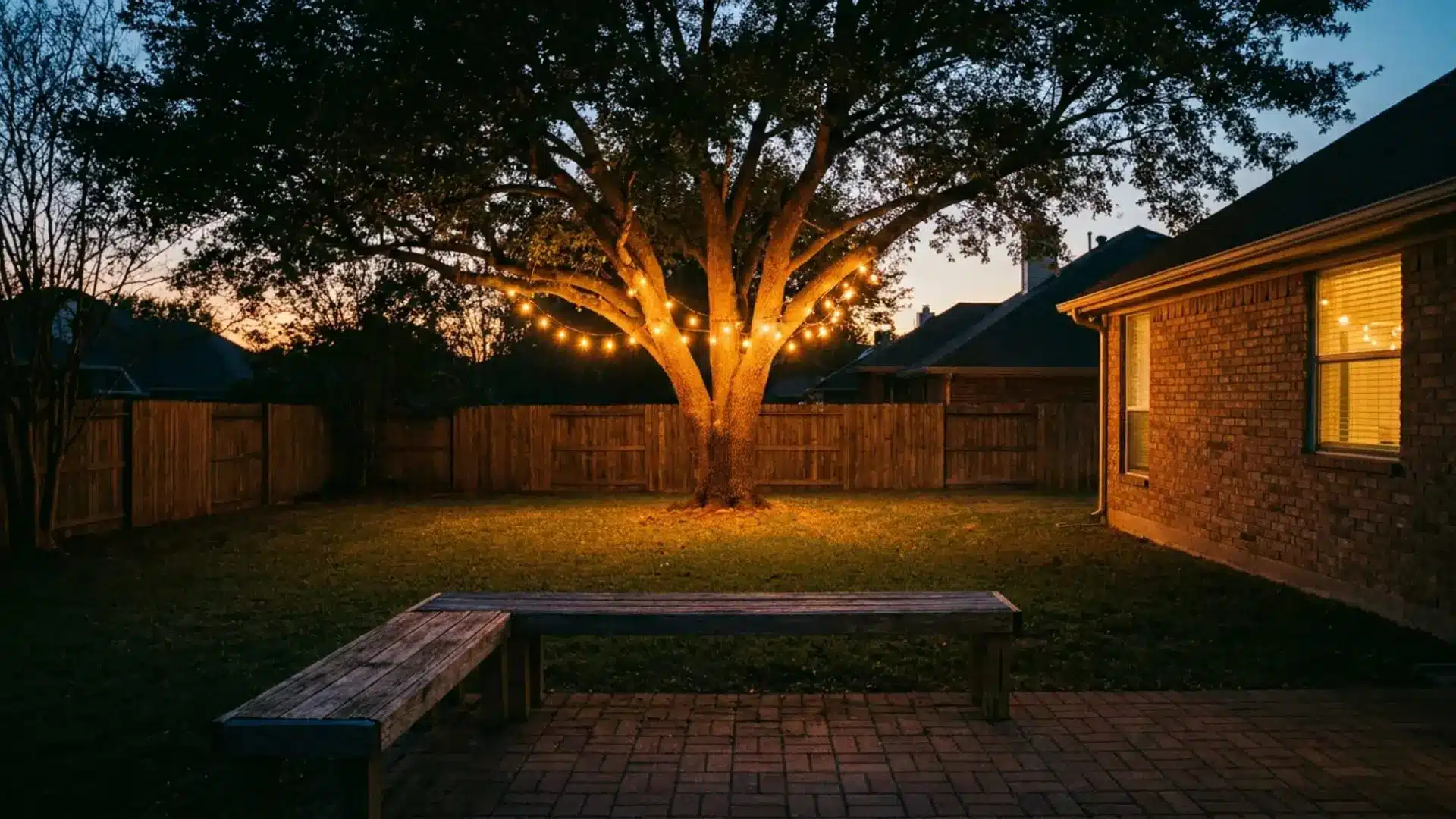 large backyard tree wrapped with warm string lights at dusk with a wooden bench on a brick patio