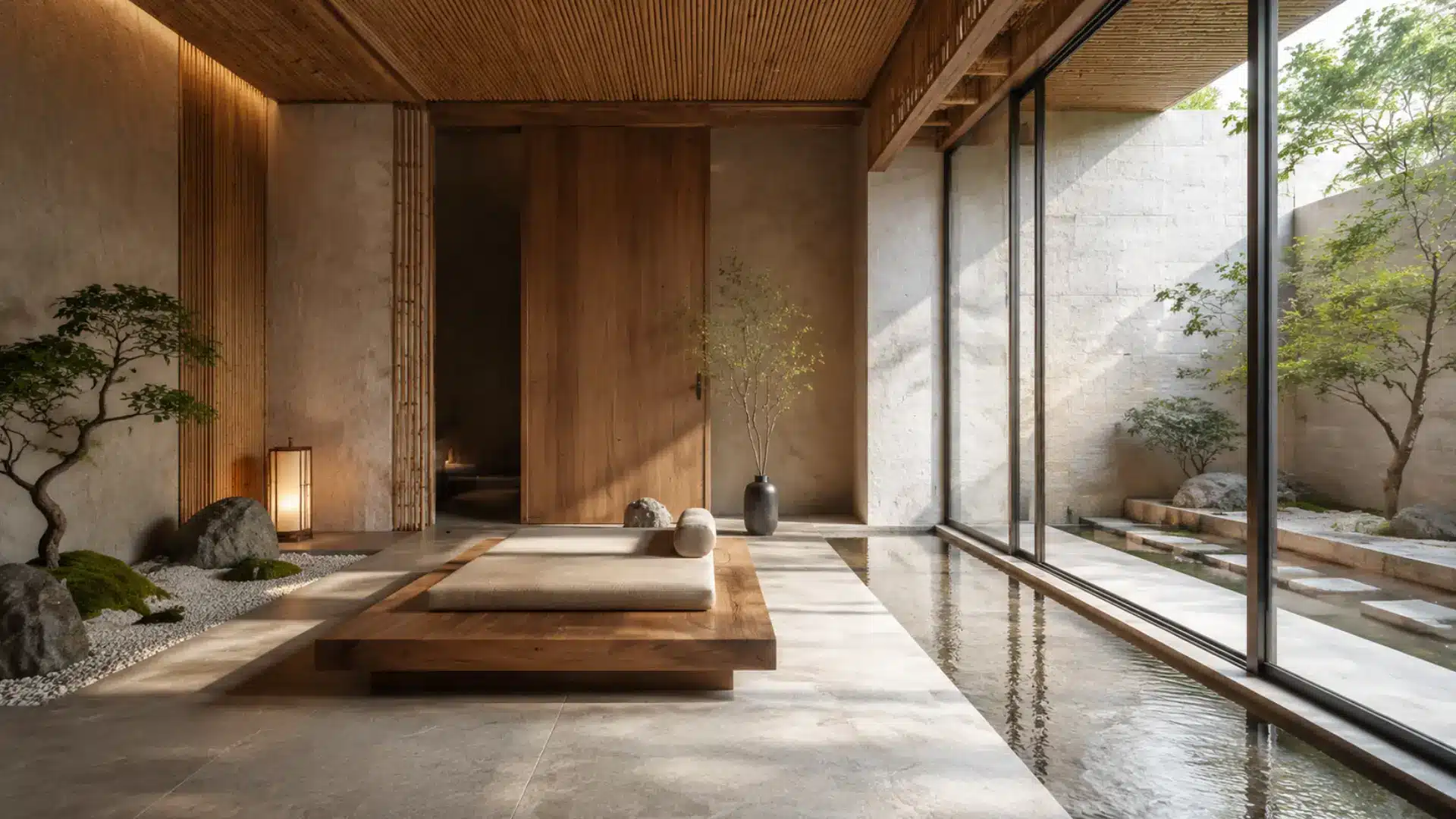 zen meditation space with low wood platform bonsai tree gravel garden stone lantern and indoor water feature