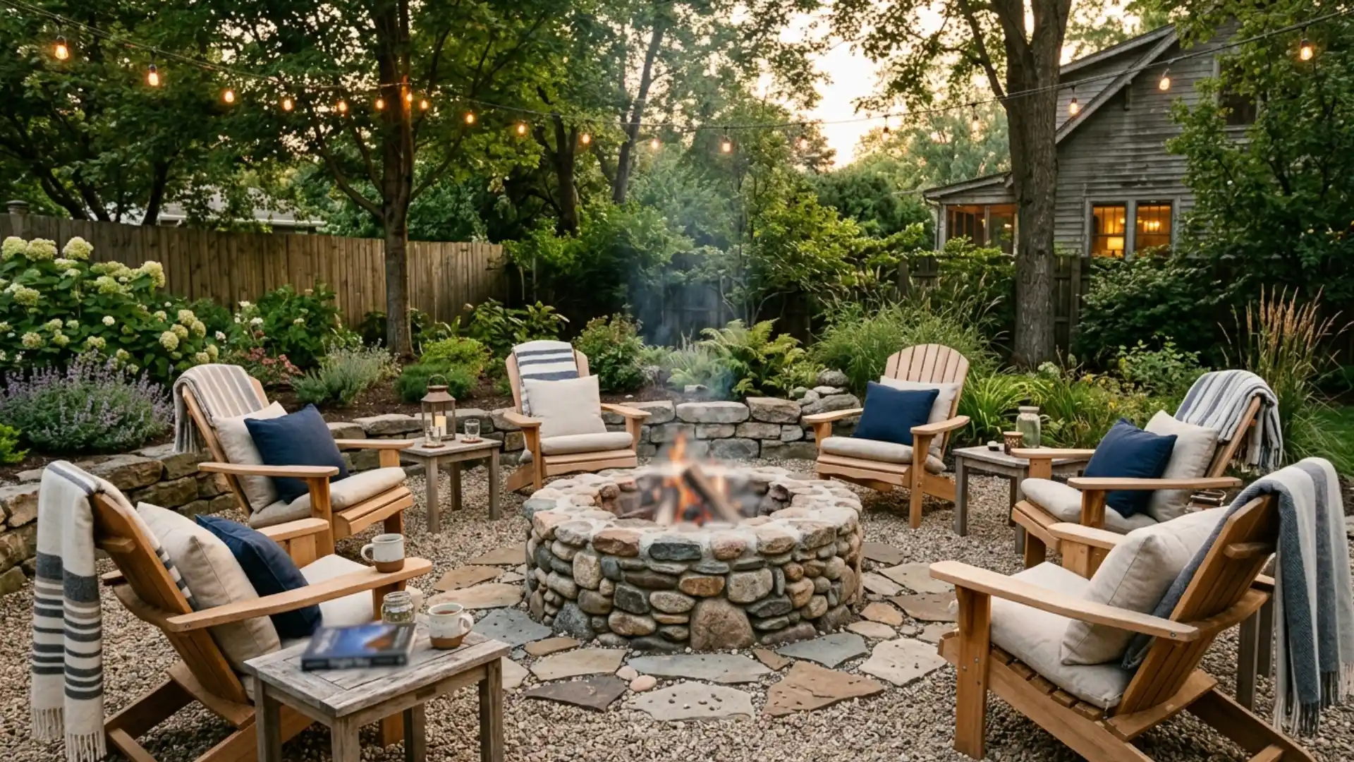 a backyard fire pit surrounded by chairs and a table, creating a outdoor gathering space