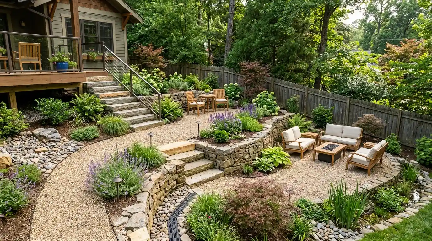 a backyard has a wooden deck, stone steps and terraces, gravel paths, flowering plants, and multiple outdoor seating area