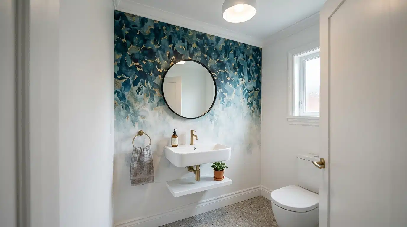 a bathroom featuring a blue and white wall mural, creating a serene and artistic atmosphere