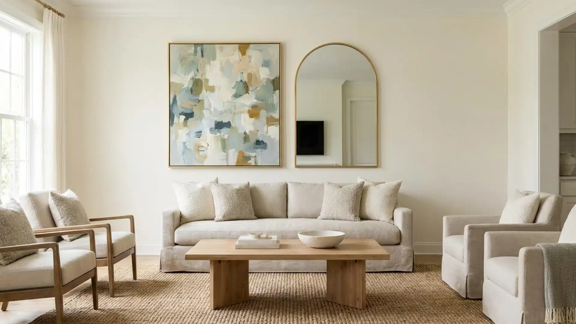 a bright living room featuring white furniture and a colorful easter-themed painting on the wall