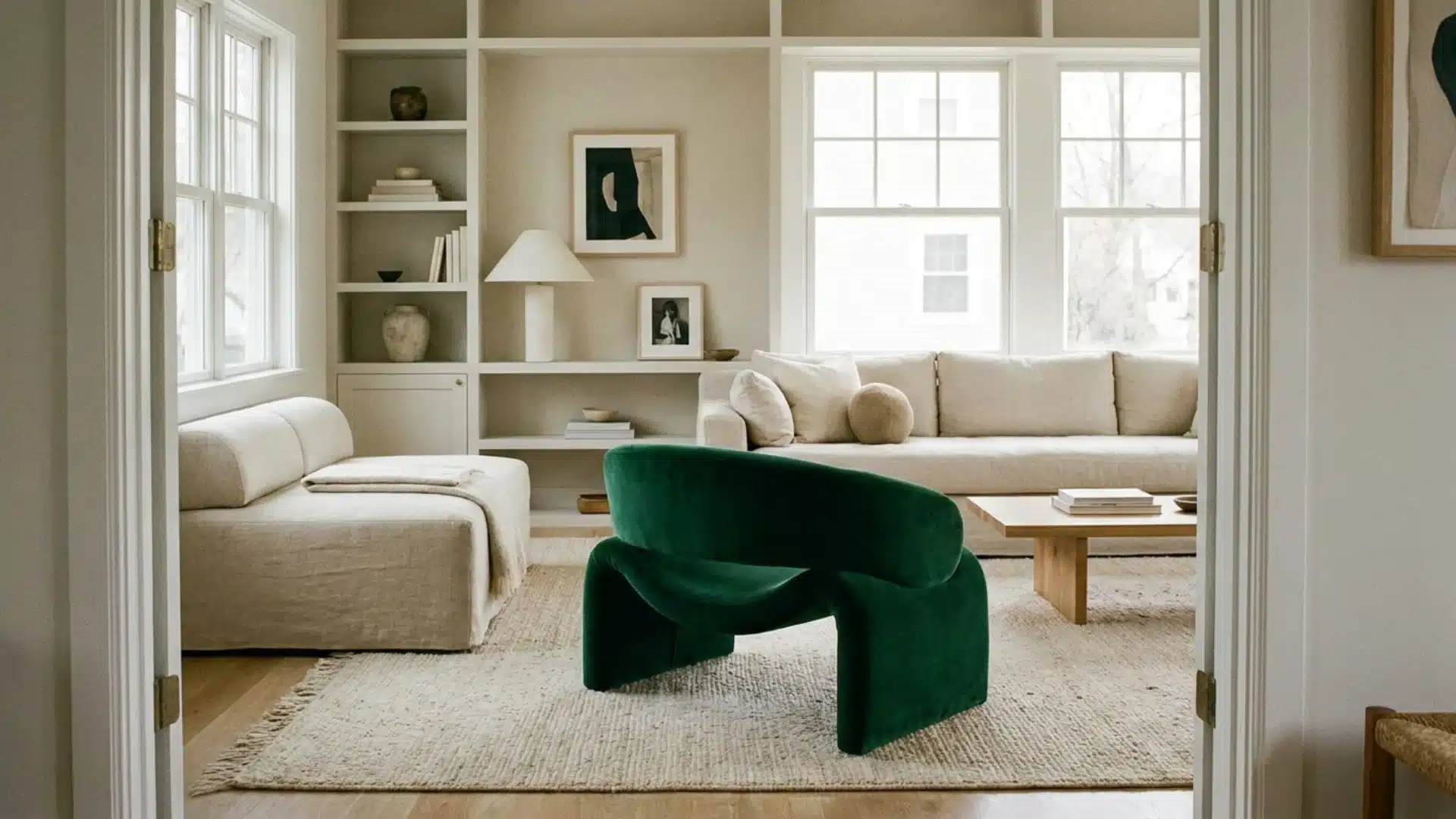 a bright living room with cream sofas, built-in shelves, large windows, a coffee table, and a dark green sculptural chair on a rug