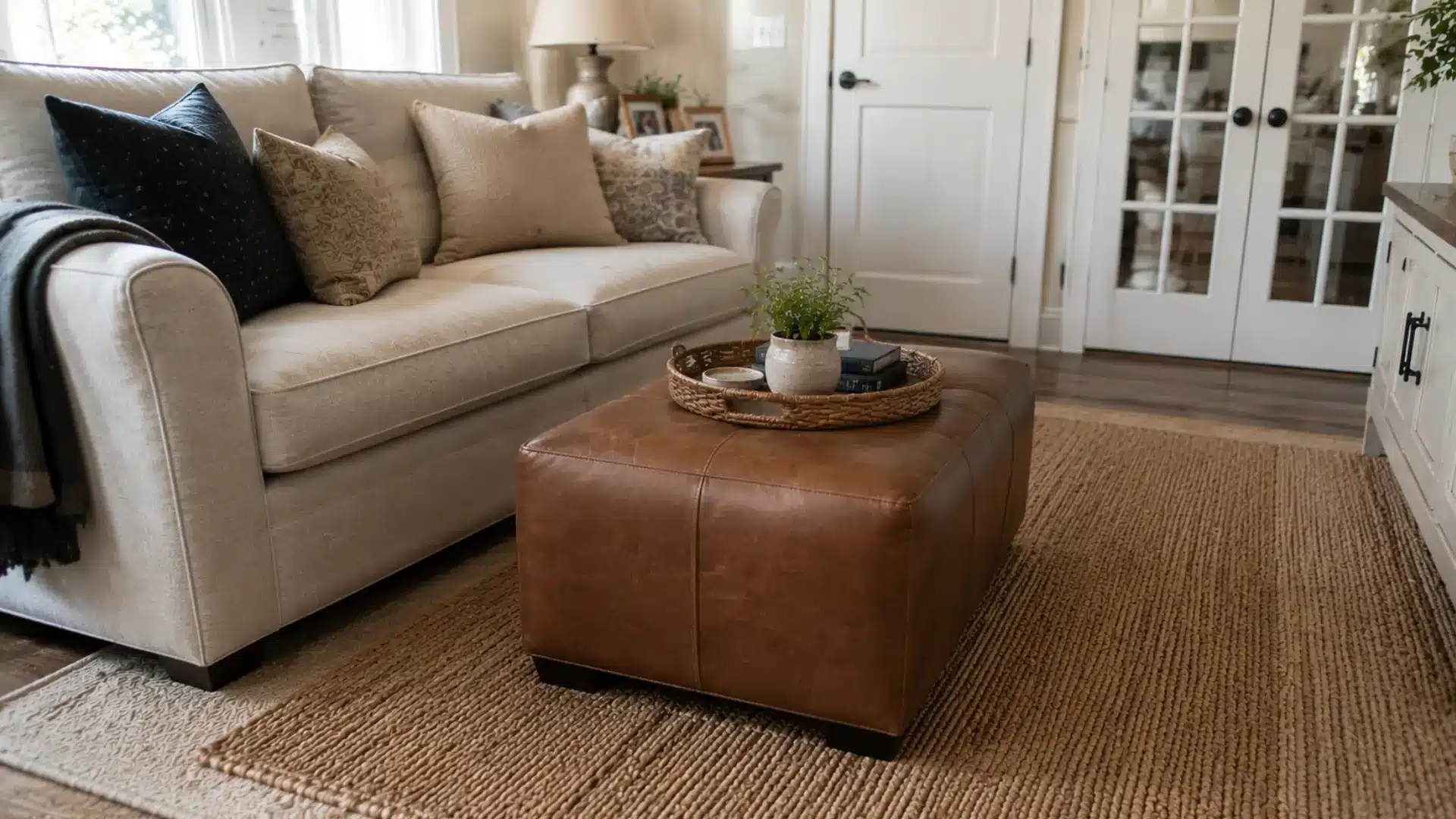 a brown leather ottoman beside a neutral beige sofa in a modern farmhouse living room with a jute rug