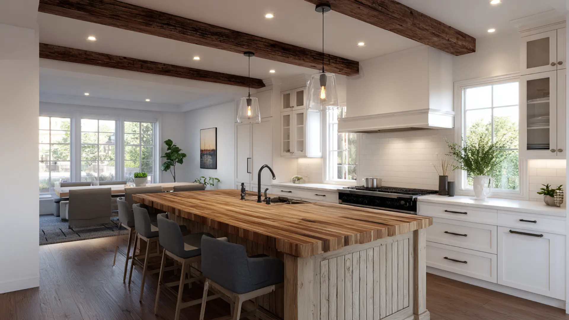 a butcher block wood island top and exposed wood ceiling beams in an open kitchen with white cabinets and black pendant lights