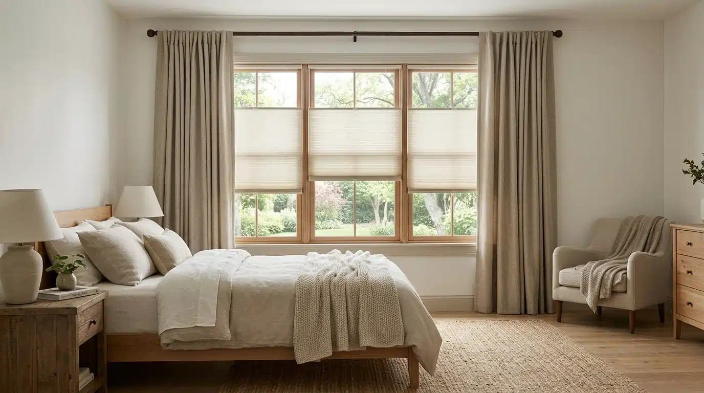 a cozy bedroom featuring a neatly made bed, a wooden dresser, and a window allowing natural light to enter