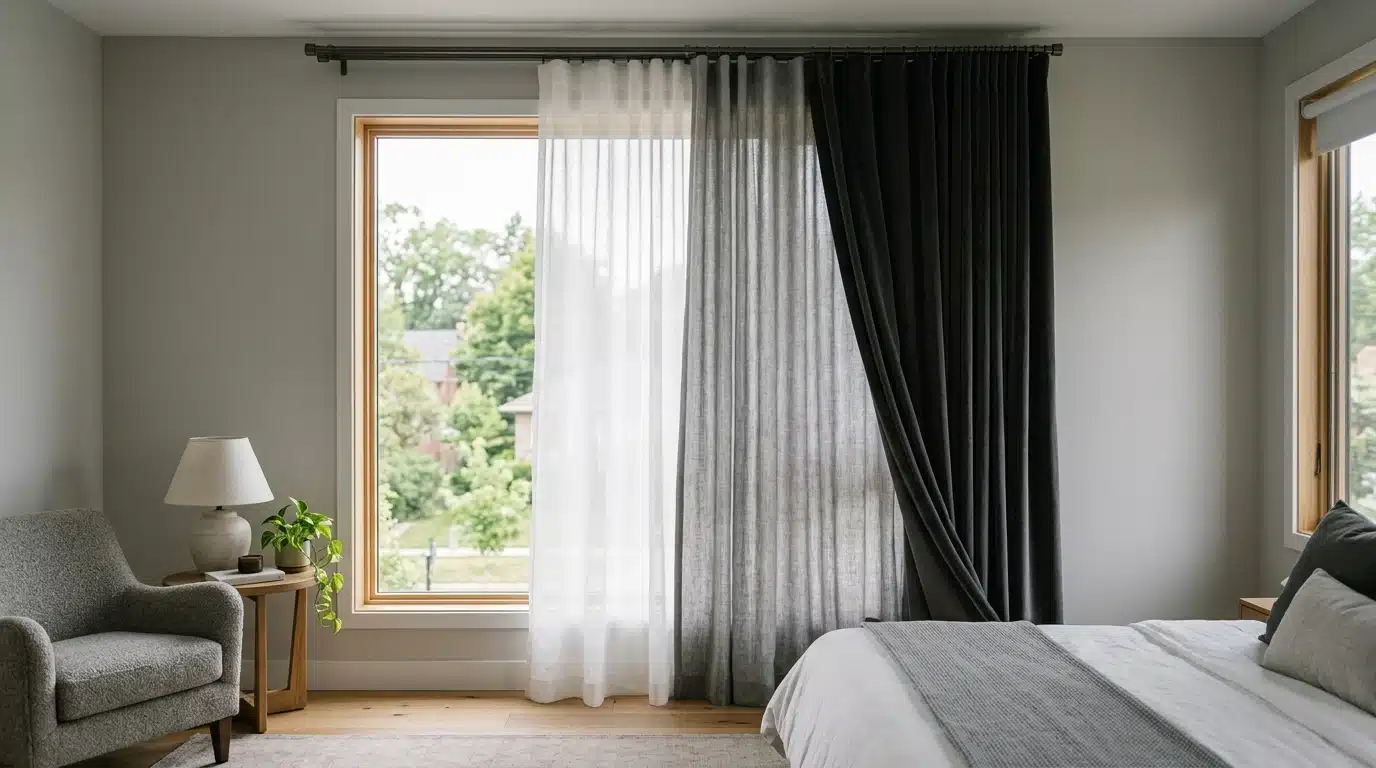 a cozy bedroom featuring a neatly made bed, a comfortable chair, and a large window allowing natural light
