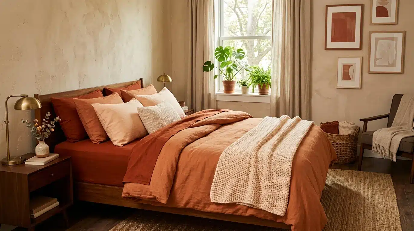 a cozy bedroom featuring orange and white bedding, complemented by soft lighting and minimalistic decor