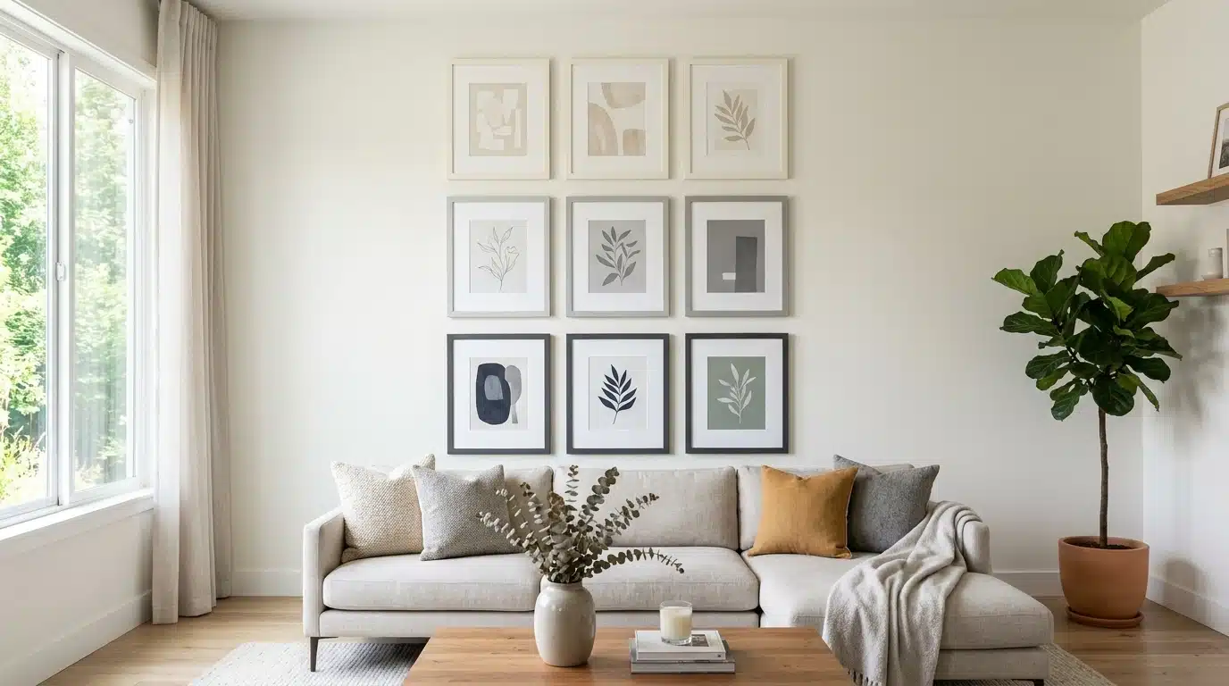 a cozy living room featuring a couch, a coffee table, and framed pictures adorning the walls