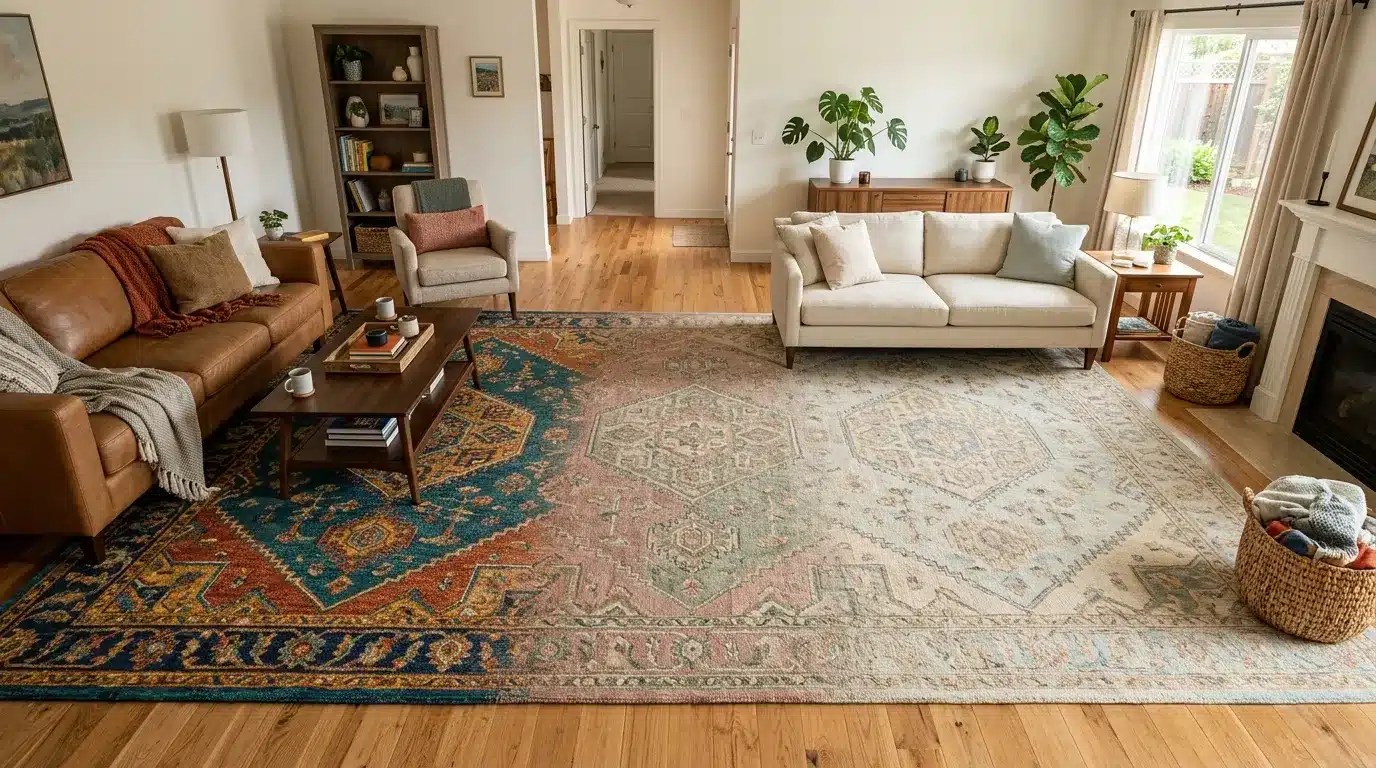 a cozy living room featuring a plush rug and a comfortable couch, creating a warm and inviting atmosphere