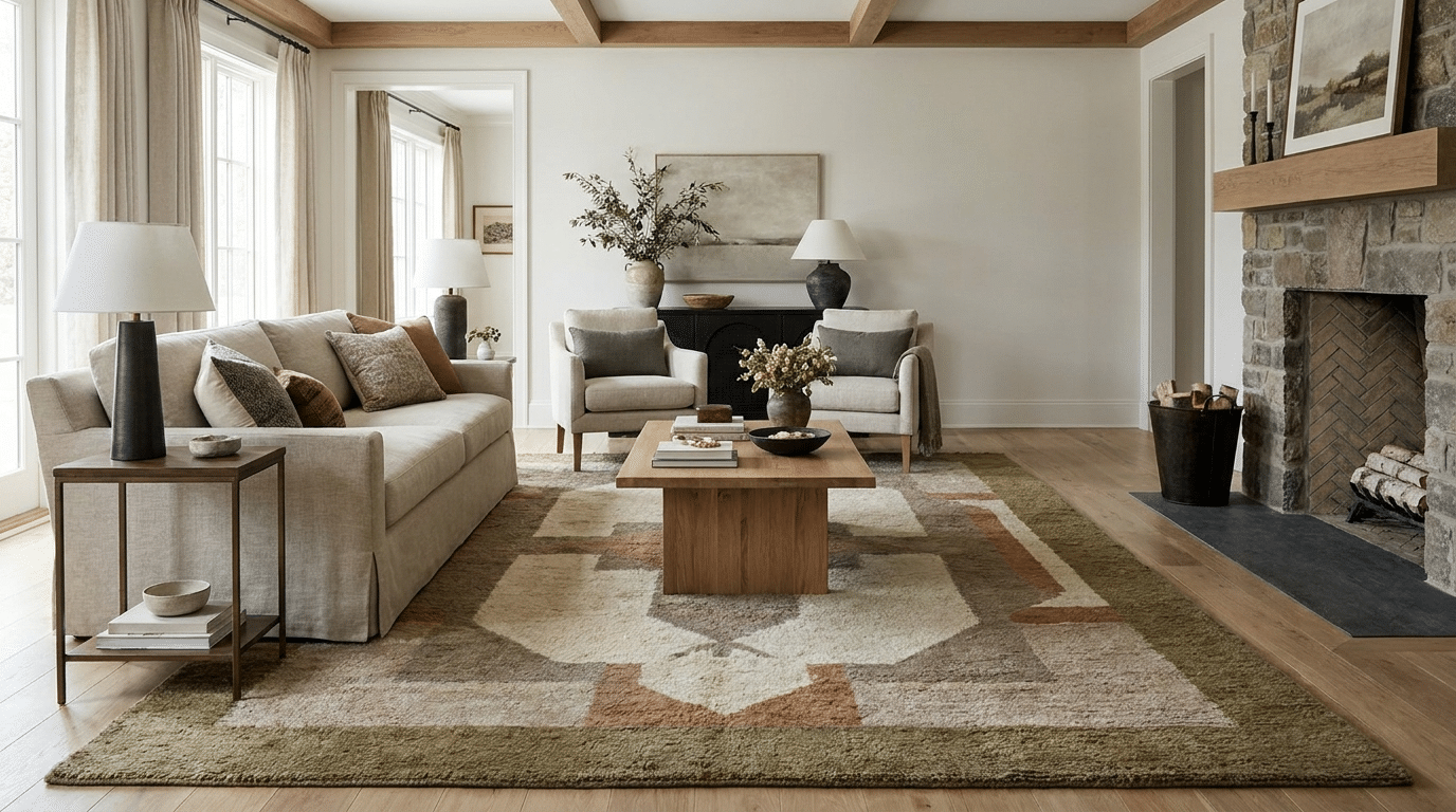 a cozy living room featuring easter decorations, including a fireplace adorned with pastel-colored eggs and a decorative rug