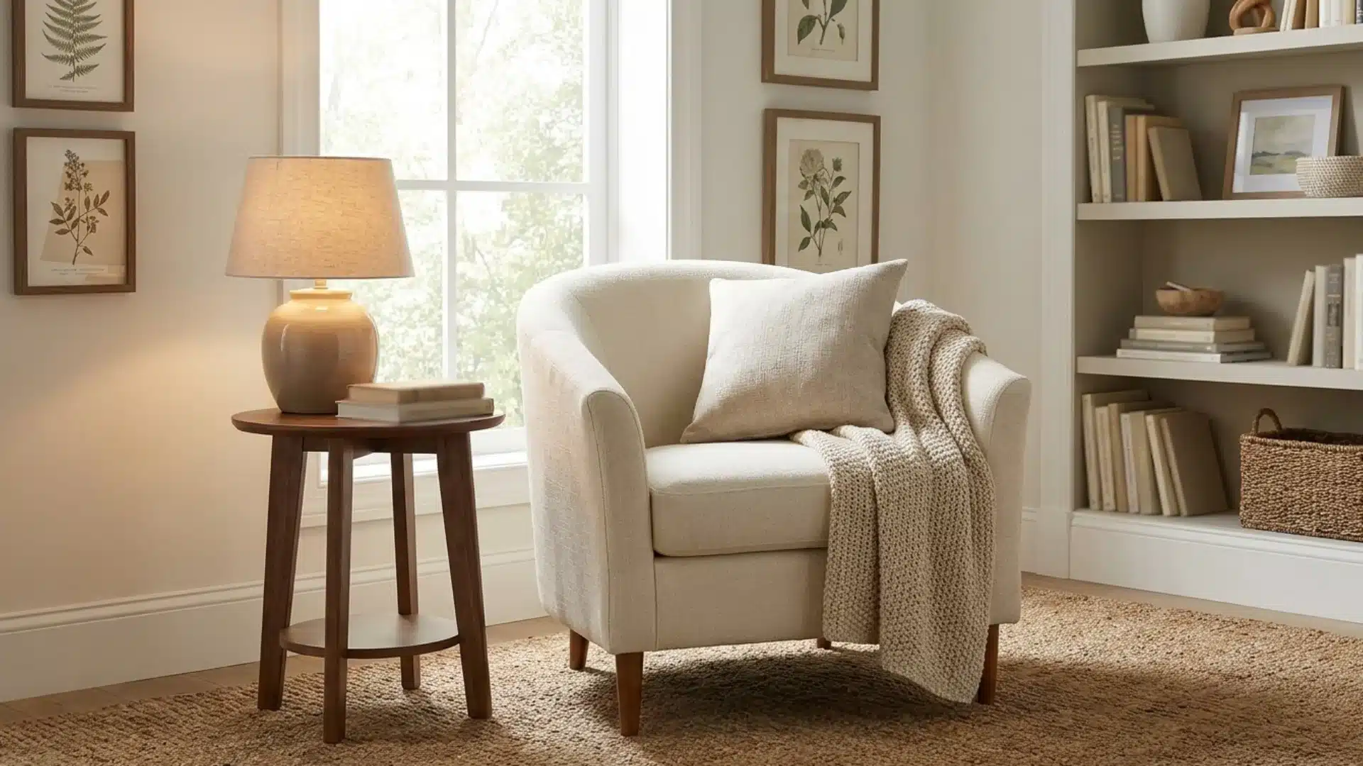 a cozy room featuring a chair and table, surrounded by bookshelves, decorated with easter-themed ornaments