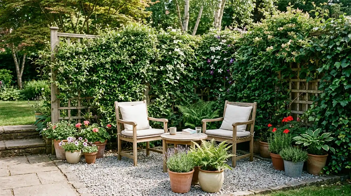 a garden featuring chairs surrounded by various plants, creating a tranquil outdoor seating area