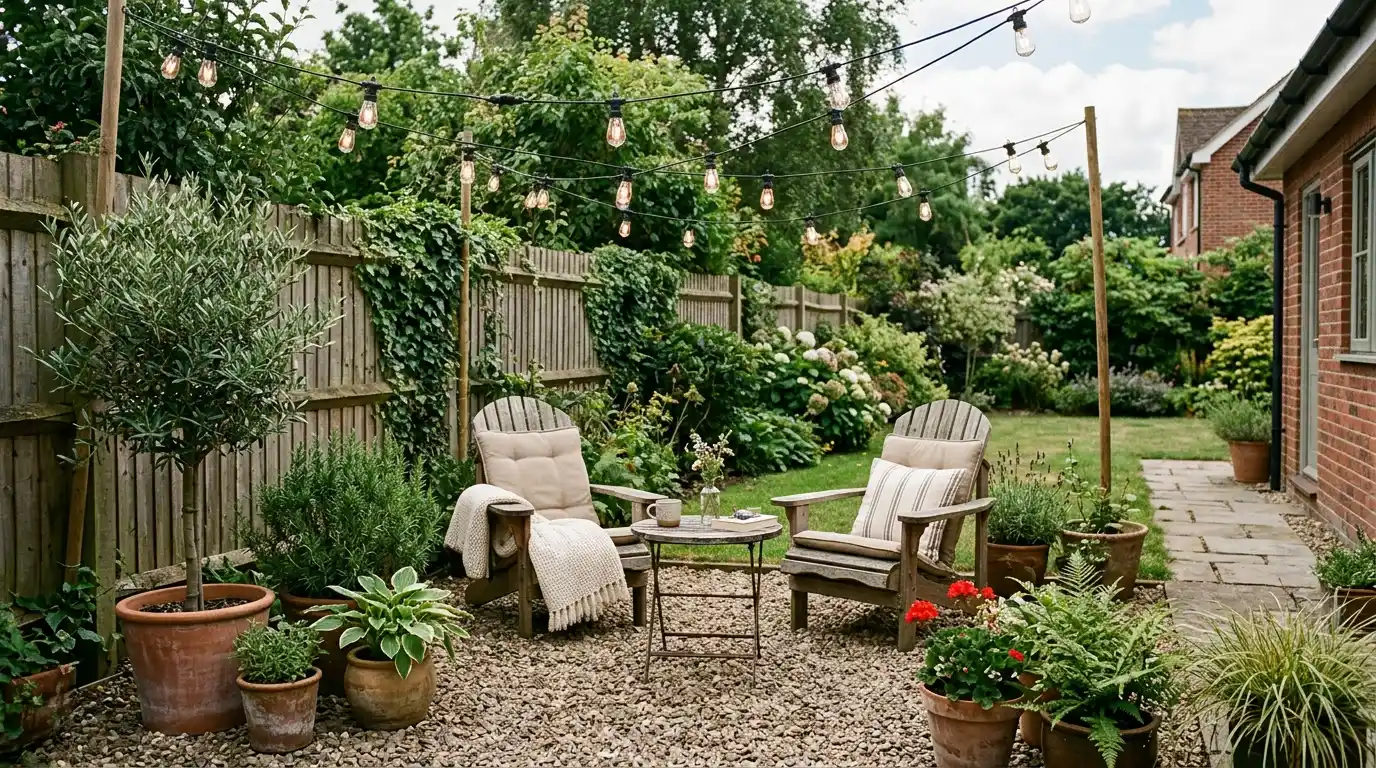 a gravel garden seating area with two cushioned armchairs, a small table, potted plants, flower beds, and string lights