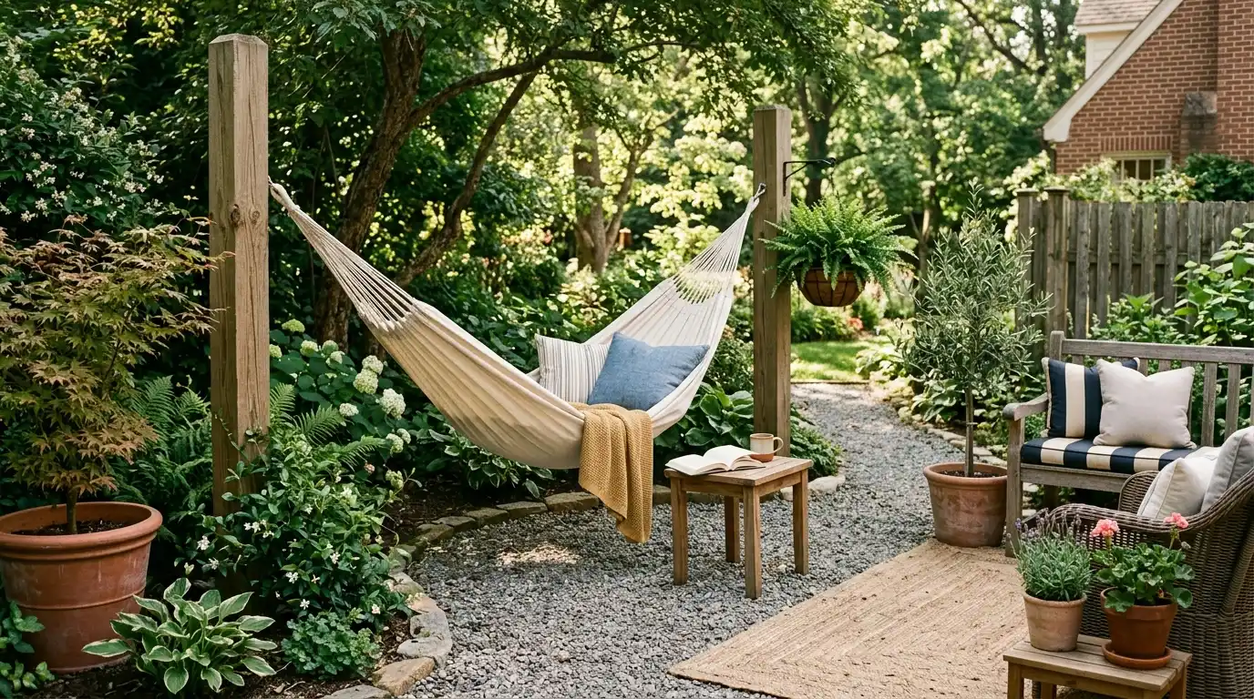 a hammock suspended between two trees in a garden, surrounded by various potted plants and greenery