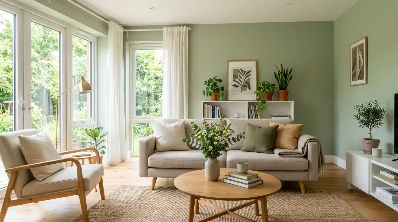 a iving room featuring green walls and a comfortable couch, creating a cozy and inviting atmosphere