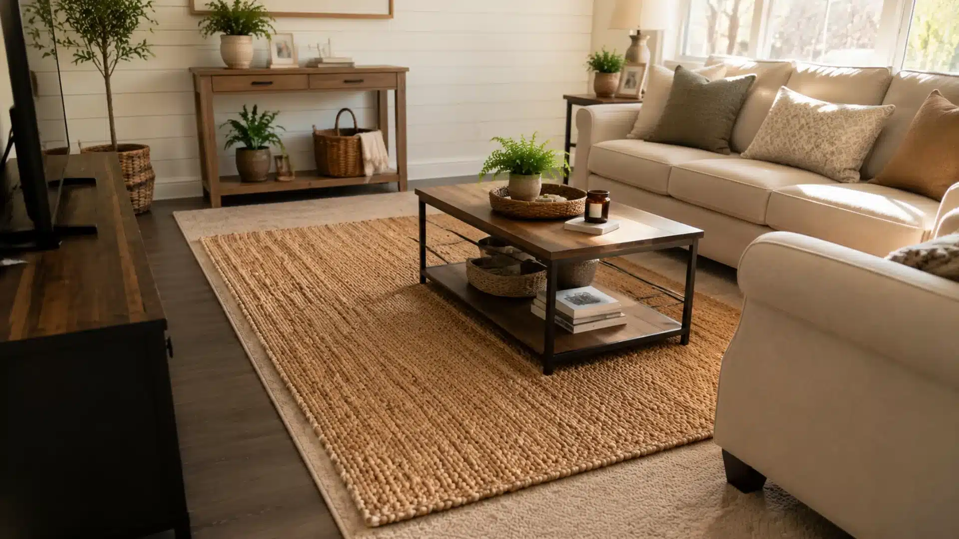 a jute rug layered over a neutral carpet in a living room with a wood and metal coffee table and beige sofa