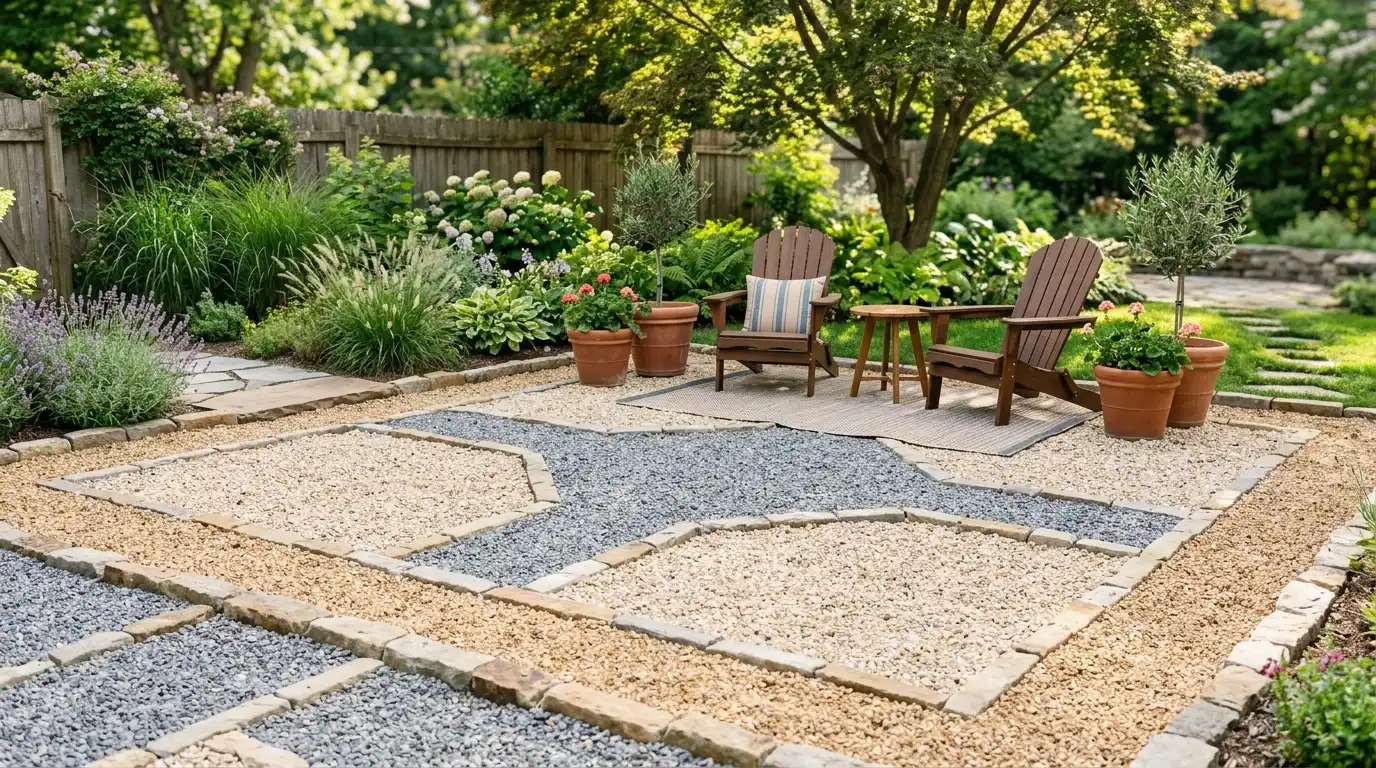 a landscaped backyard features gravel and stone paths, two wooden chairs, potted plants, flowering shrubs, trees, and a fence