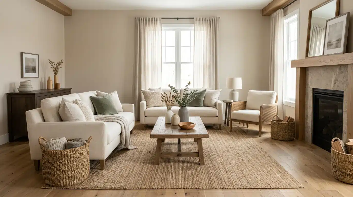 a living room featuring decorations, including pastel-colored cushions and floral arrangements near the fireplace