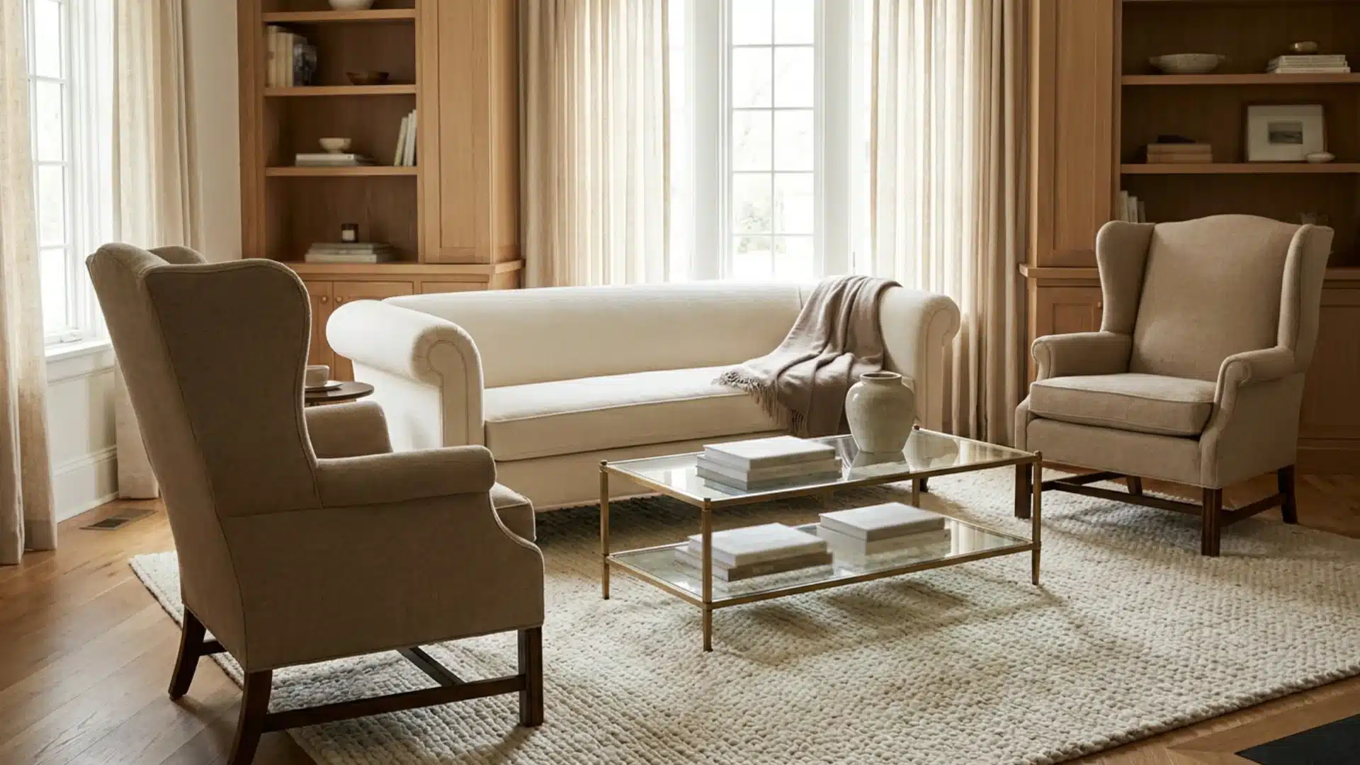 a living room with a cream sofa, two armchairs, a glass coffee table with books, a rug, windows, and wooden shelves