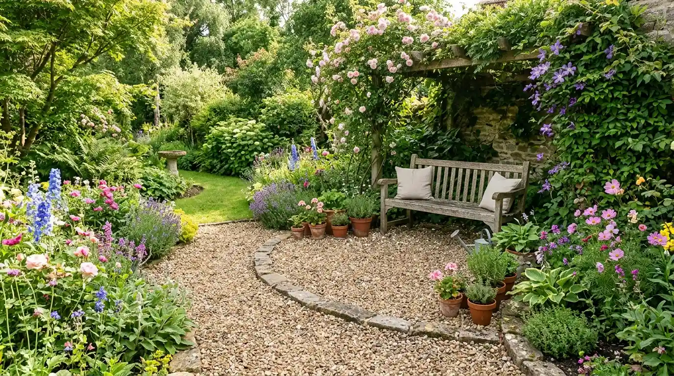 a lush cottage garden with a gravel path, flower beds, potted plants, a wooden bench, and a flower-covered pergola