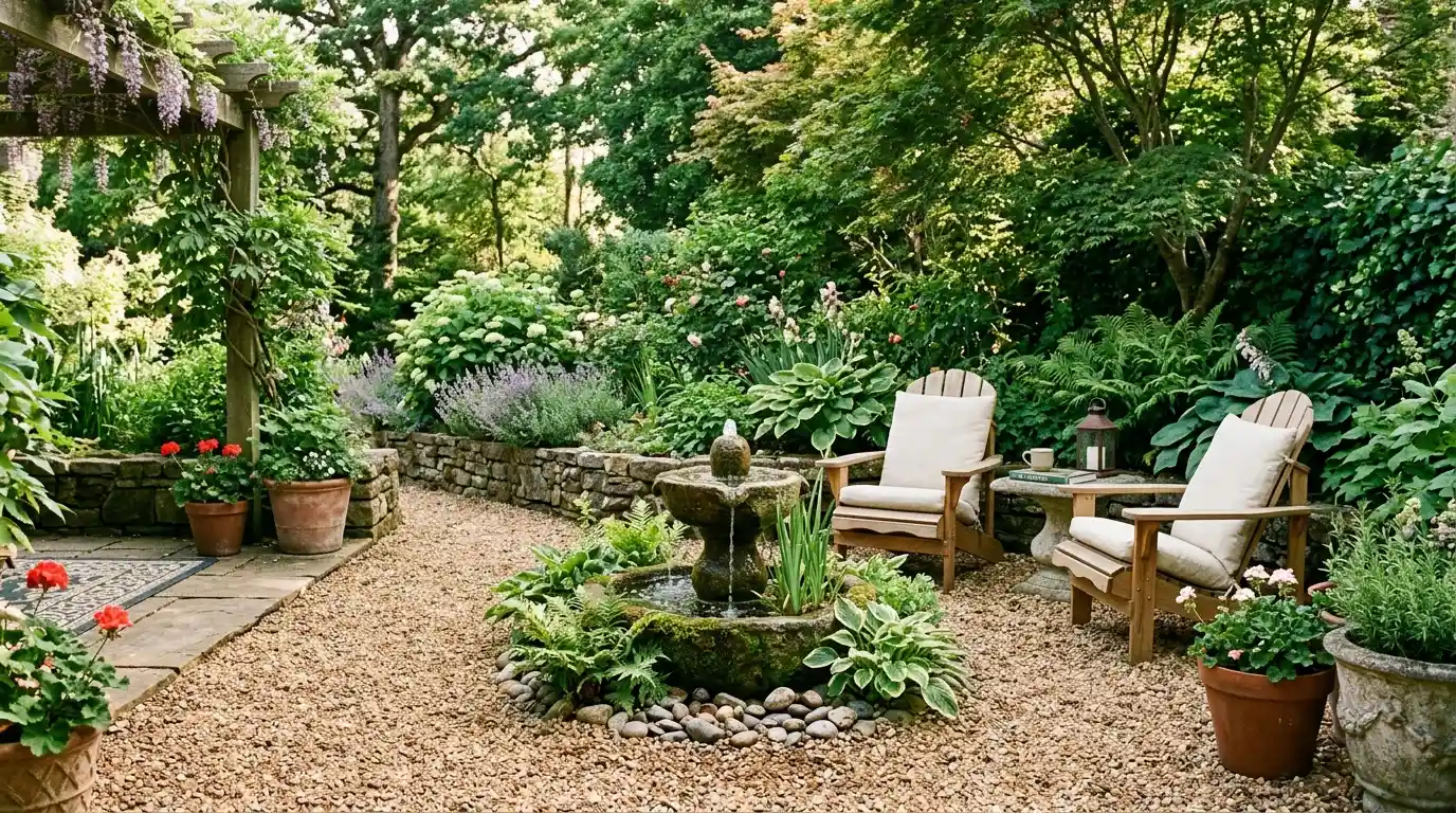a lush garden courtyard with a stone fountain, two cushioned wooden chairs, potted plants, gravel paths, and flowering greenery