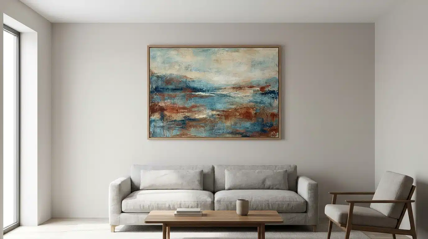 a minimalist living room with a gray sofa, wooden coffee table, armchair, and colorful abstract painting above the sofa