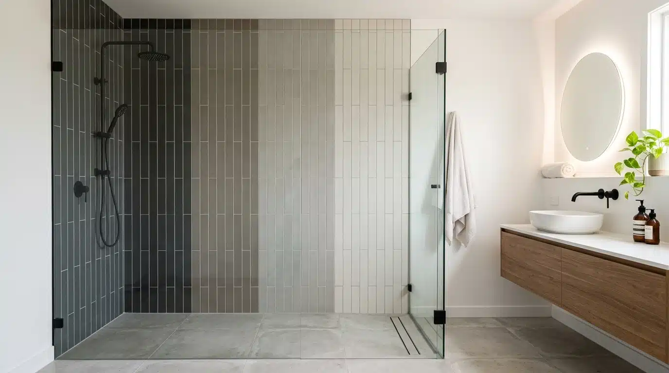 a modern bathroom featuring a sleek glass shower, minimalist design, and contemporary fixtures