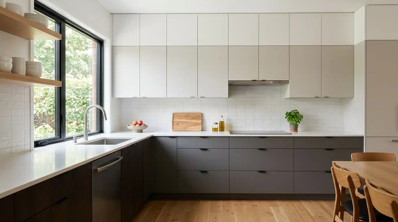 a modern kitchen featuring wooden floors and sleek white cabinets, creating a bright and inviting atmosphere