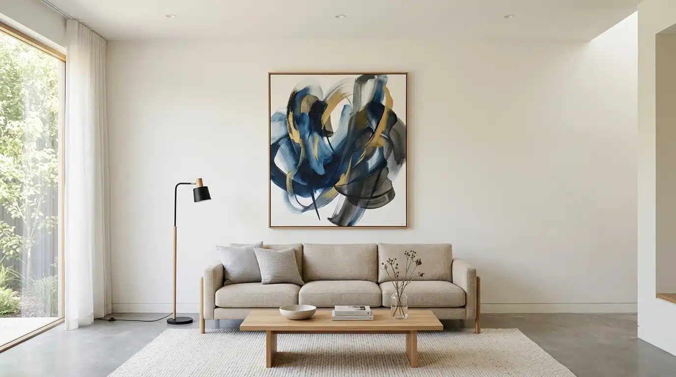 a modern living room featuring a large abstract painting on the wall, complemented by contemporary furniture and decor