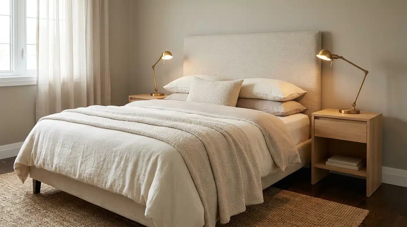 a neatly made bed with white linens, a padded headboard, bedside tables and lamps, beside a curtained window