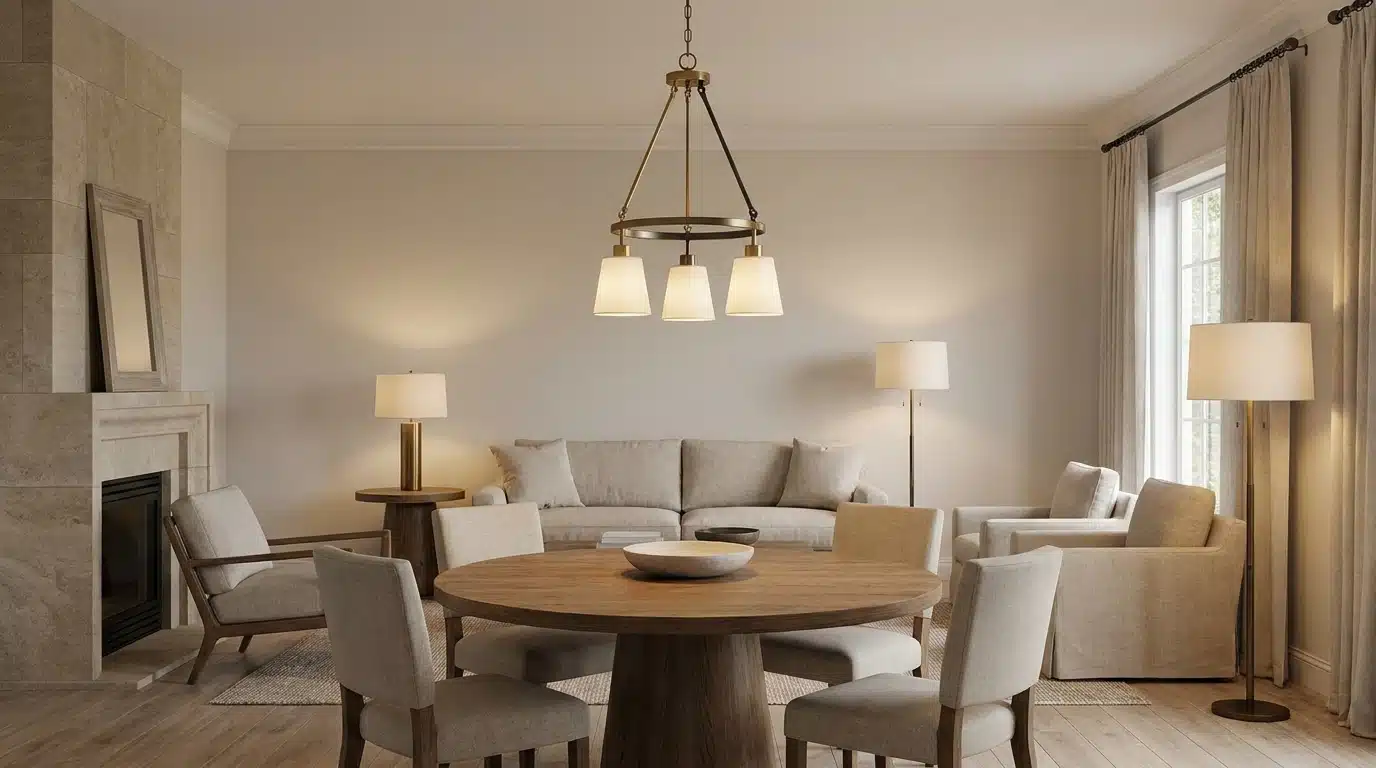 a neutral-toned living room with a fireplace, sofa, armchairs, round dining table, pendant light, lamps, and tall curtained windows
