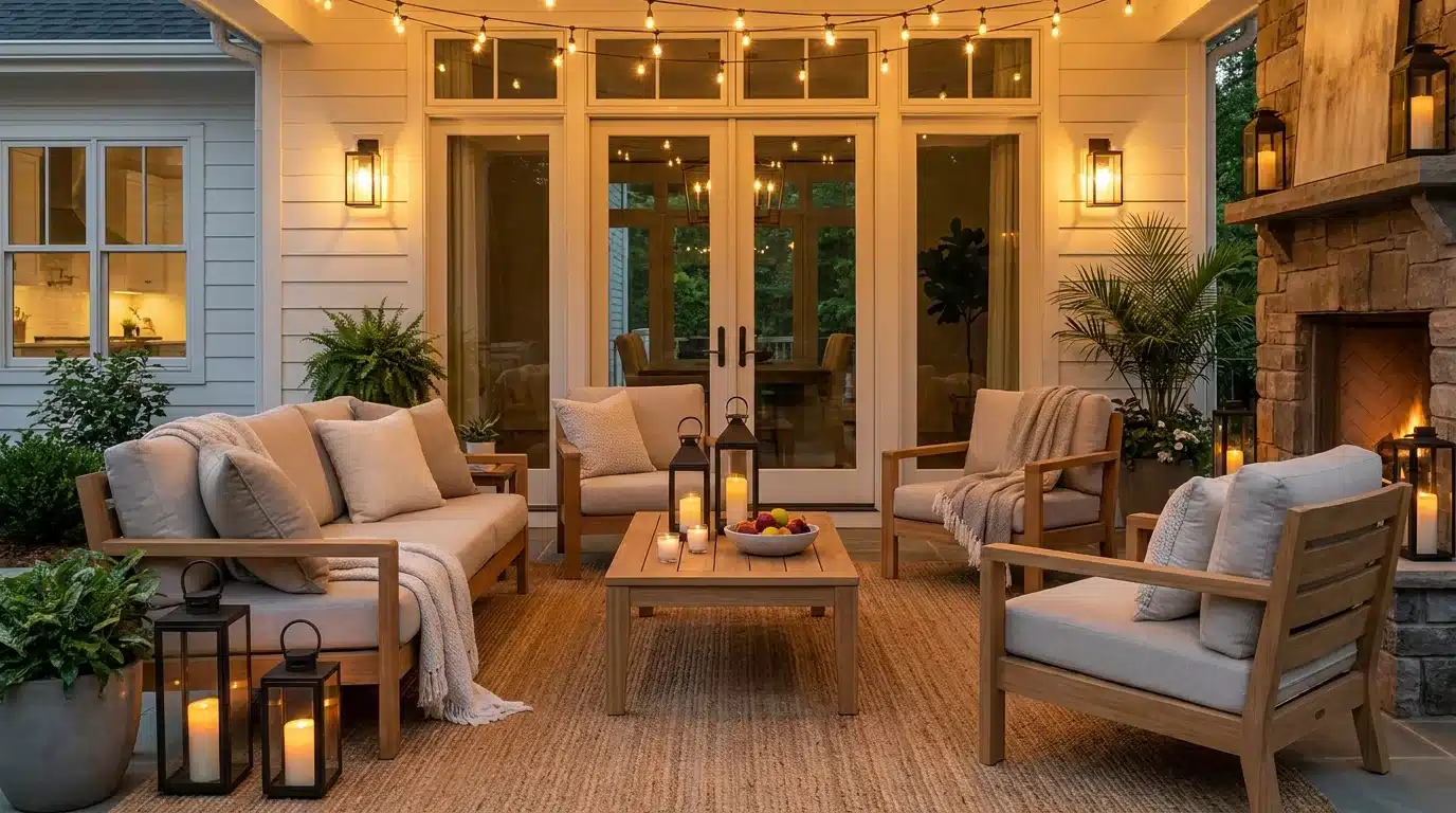 a patio adorned with easter decorations, featuring furniture and candles for a festive atmosphere