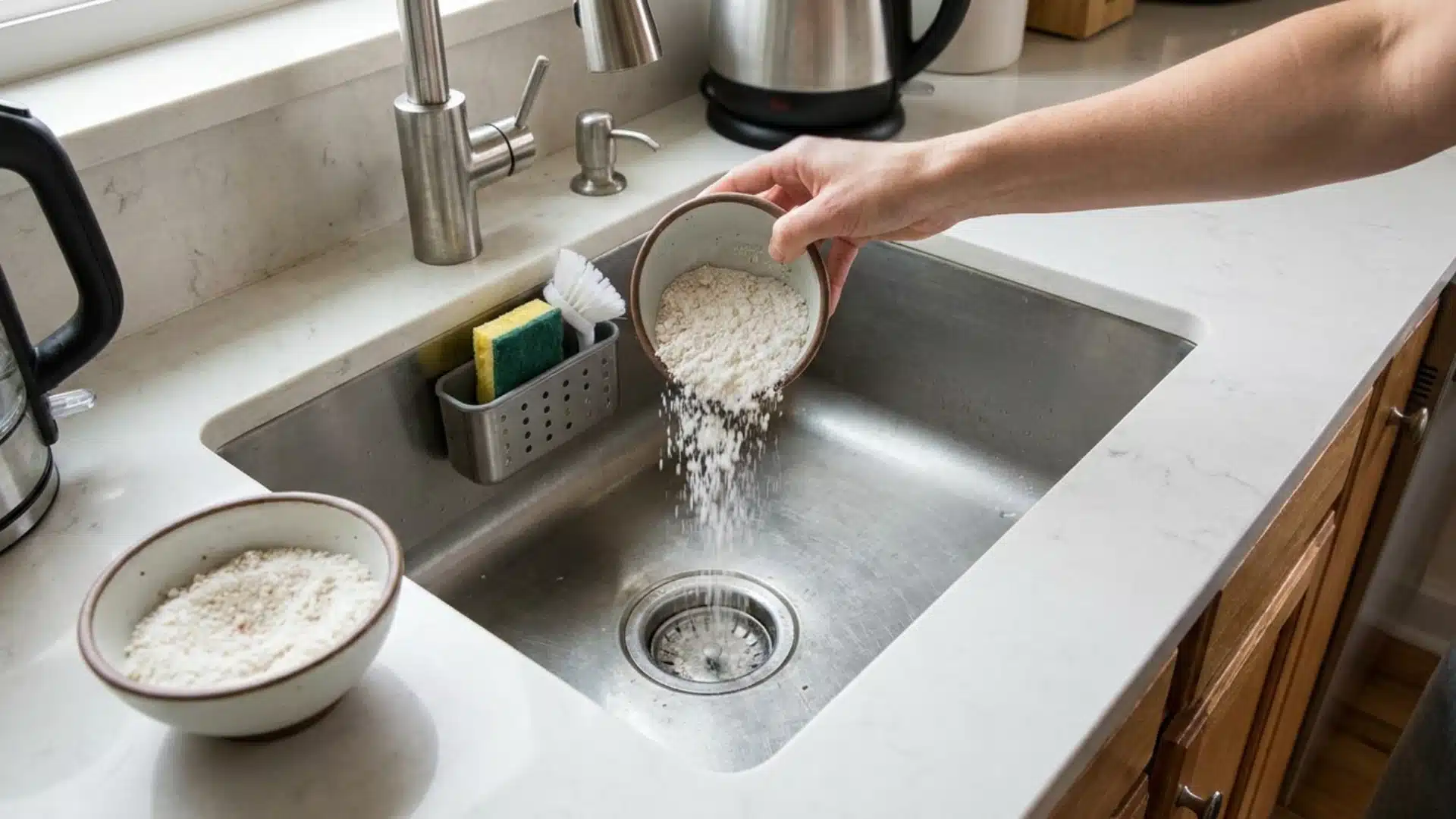 a person pours baking soda from a bowl into a kitchen sink, with another bowl on the counter