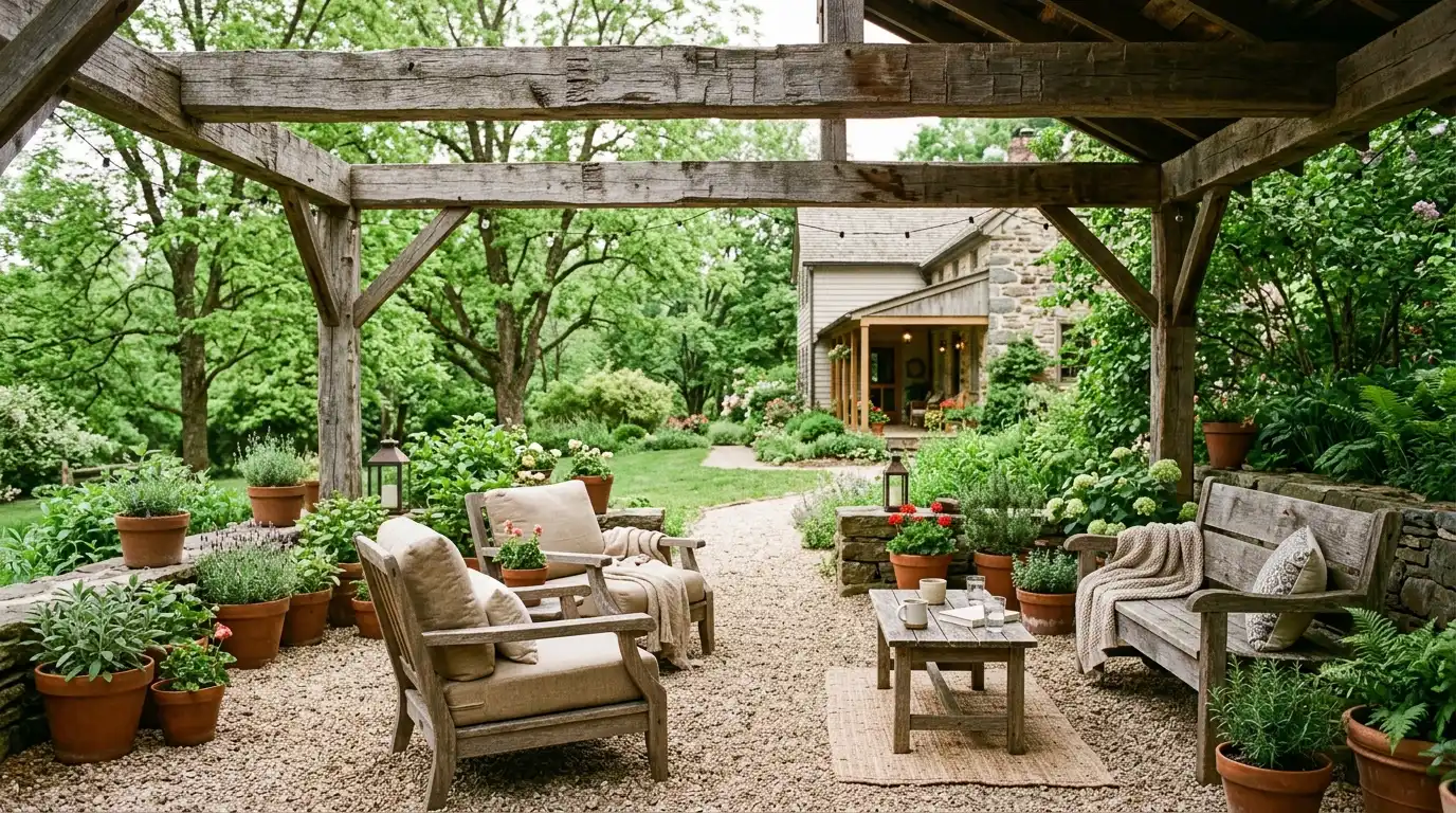 a rustic timber pergola shelters cushioned chairs, a bench, potted plants, and a table beside a gravel path leading to a stone house