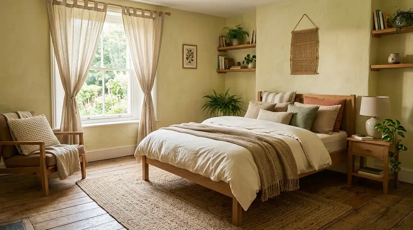 a serene bedroom scene showcasing a bed, a stylish chair, and a window that offers a view of the outdoors