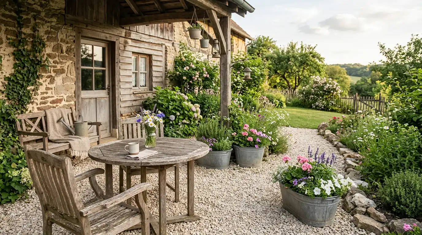 a serene rustic garden with wooden seating and vibrant flowers in full bloom