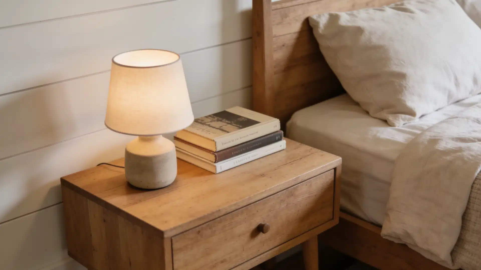 a simple wood nightstand with a small lamp and stacked books beside a bed in a modern farmhouse bedroom