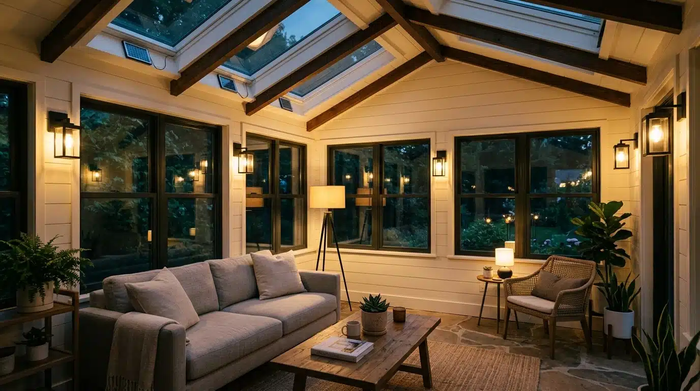 a sunroom featuring a comfortable couch and a small table, illuminated by natural light from large windows